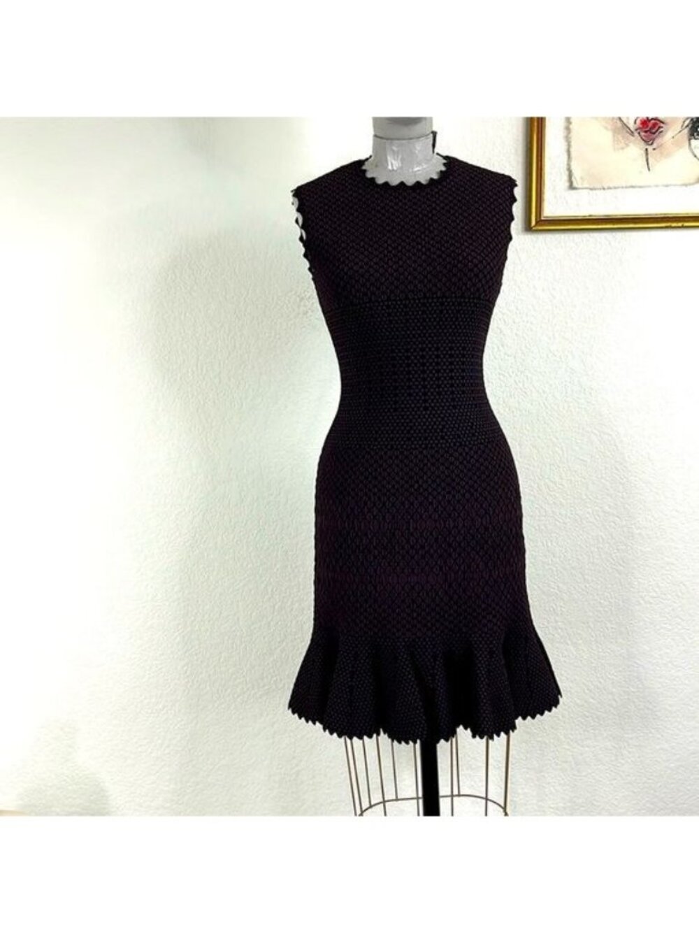 ALAIA Knit Scalloped Diamond Print Drop Waist Knee Fit Flare Sleeveless Dress